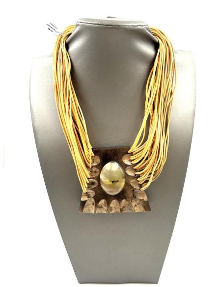 COLLARES MUJER AMARILLO ANARANJADO CON COLGANTE MADERA