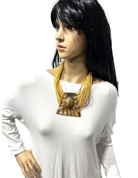 COLLARES MUJER AMARILLO ANARANJADO CON COLGANTE MADERA