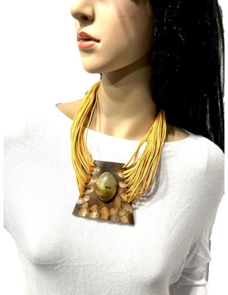 COLLARES MUJER AMARILLO ANARANJADO CON COLGANTE MADERA