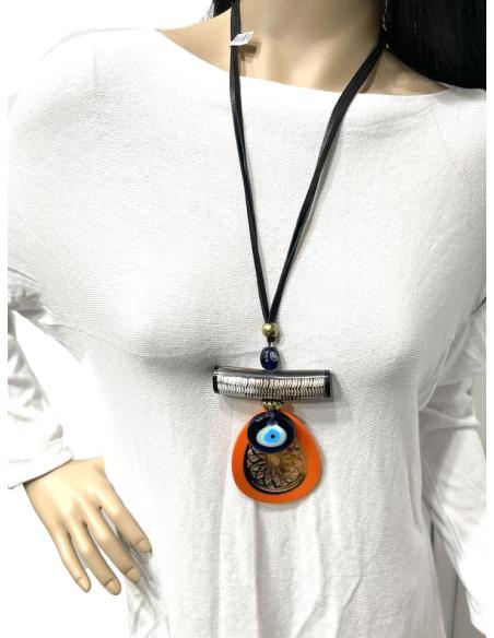 COLLARES MUJER CON OJO TURCO Y COLGANTE NARANJA TALLADO