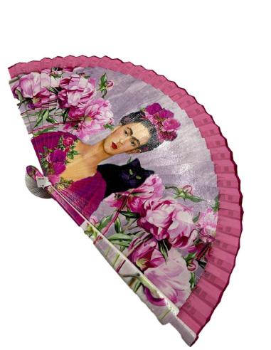 ABANICOS MUJER BONITOS CON FRIDA Y FLORES ROSAS Y LILAS