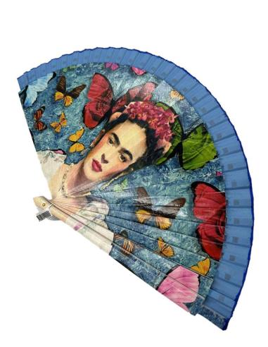 ABANICOS AZULES CON FRIDA Y PRECIOSA DECORACION DE MARIPOSAS