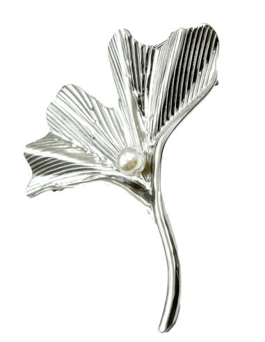 BROCHES PLATEADOS PARA MUJER CON HOJITA DECORADA CON PERLA