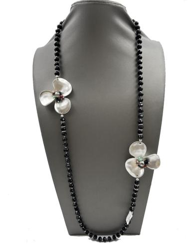 COLLARES MUJER NEGROS CON FLORES BONITAS EN PLATEADO MATE
