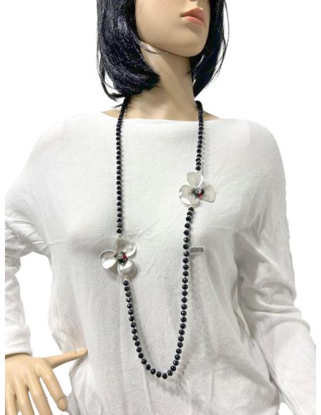COLLARES MUJER NEGROS CON FLORES BONITAS EN PLATEADO MATE
