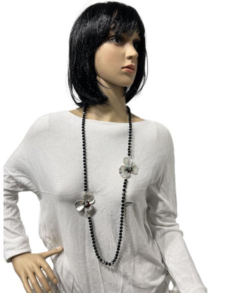 COLLARES MUJER NEGROS CON FLORES BONITAS EN PLATEADO MATE
