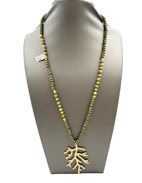 COLLARES MUJER VERDES TONO CAZA CON RAMITA DE CORAL DORADO