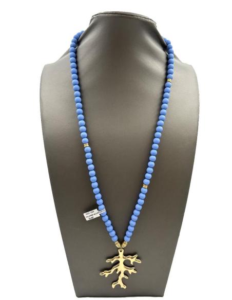 COLLARES MUJER AZULES CON RAMITA DE CORAL DORADO