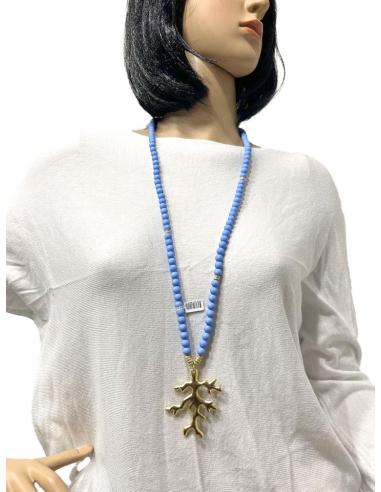 COLLARES MUJER AZULES CON RAMITA DE CORAL DORADO