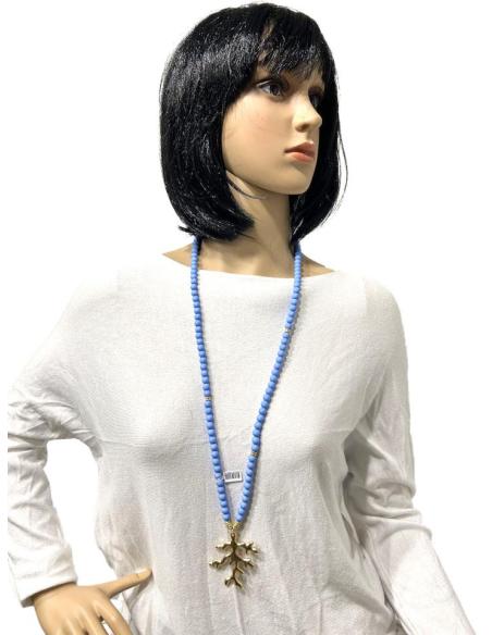 COLLARES MUJER AZULES CON RAMITA DE CORAL DORADO