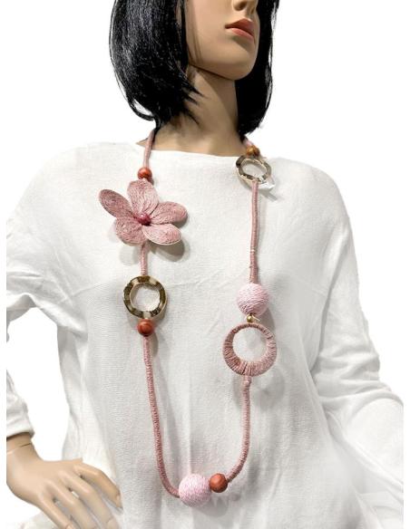 COLLARES ROSAS CON ORIGINAL DISEÑO DE CUERDA Y VISTOSA FLOR