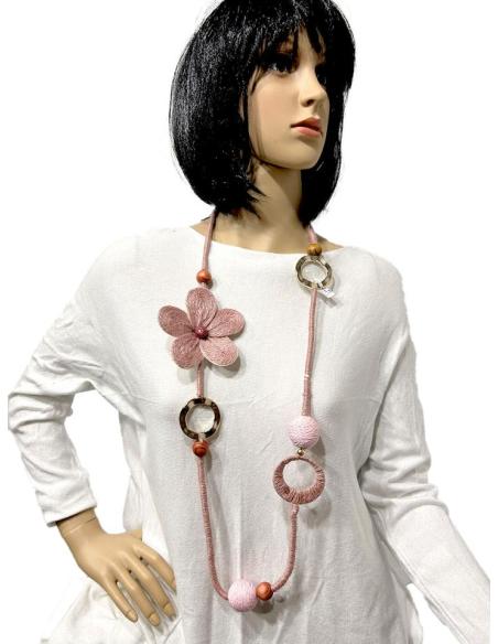 COLLARES ROSAS CON ORIGINAL DISEÑO DE CUERDA Y VISTOSA FLOR