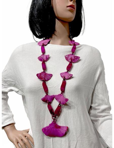 COLLARES FUCSIAS LARGOS DE ESLABONES Y HOJAS GINKGO BILOBA