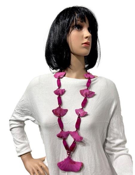 COLLARES FUCSIAS LARGOS DE ESLABONES Y HOJAS GINKGO BILOBA