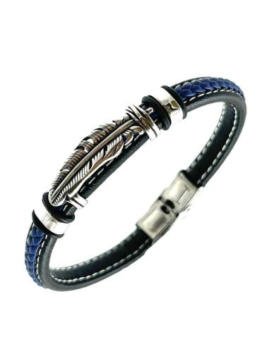 PULSERAS HOMBRE DE CUERO AZUL MARINO MUY ORIGINALES CON PLUMA EN ACERO