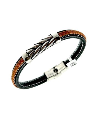 PULSERAS DE CUERO BICOLOR CON ORIGINAL DETALLE EN ACERO DE TRENZA