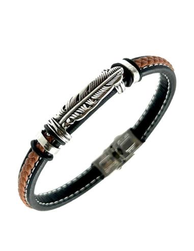 PULSERAS HOMBRE DE CUERO TOFFEE Y NEGRO ORIGINALES CON PLUMA EN ACERO