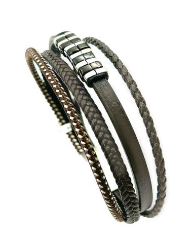 PULSERAS MARRONES DE ACERO Y CUERO DE VARIAS HILERAS