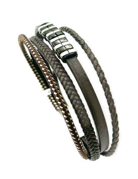 PULSERAS MARRONES DE ACERO Y CUERO DE VARIAS HILERAS