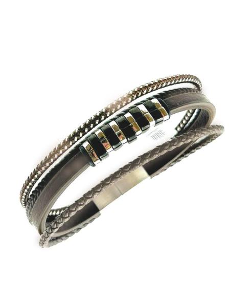 PULSERAS MARRONES DE ACERO Y CUERO DE VARIAS HILERAS