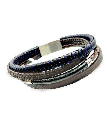 PULSERAS MARRON Y NEGRA DE ACERO Y CUERO DE VARIAS HILERAS