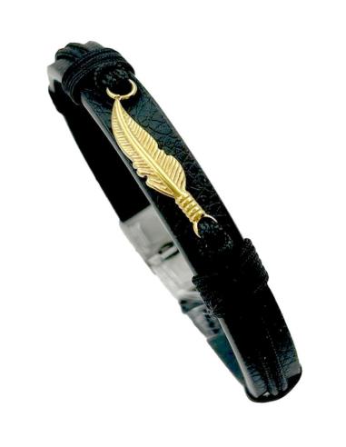 PULSERAS DE HOMBRE ORIGINALES CON ALA DORADA Y CUERO NEGRO