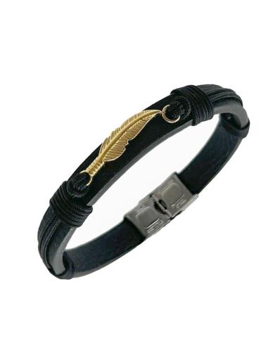 PULSERAS DE HOMBRE ORIGINALES CON ALA DORADA Y CUERO NEGRO