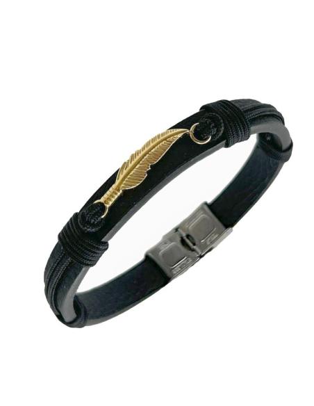PULSERAS DE HOMBRE ORIGINALES CON ALA DORADA Y CUERO NEGRO