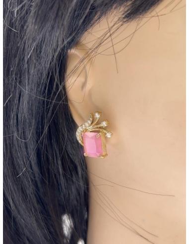PENDIENTES PEQUEÑOS ROSAS TALLA CUADRADA CON CIRCONITAS