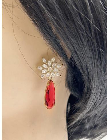 PENDIENTES LARGOS FUCSIAS RUBI CON BOTON PEDRERIA ESPECIAL MADRINAS