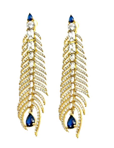PENDIENTES LARGOS BODAS NOCHE CAUTIVADORA PLUMA CIRCONITAS Y MARINO