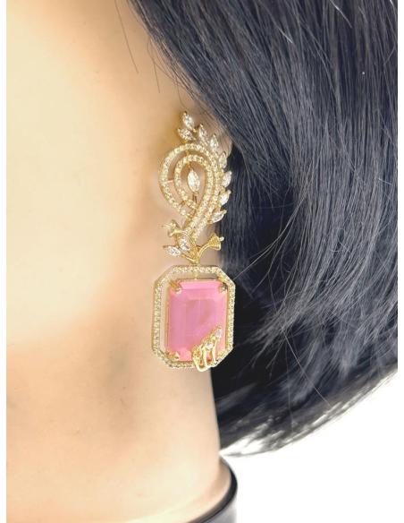 PENDIENTES LARGOS ROSAS Y CIRCONITAS ELEGANTISIMO PARA BODAS