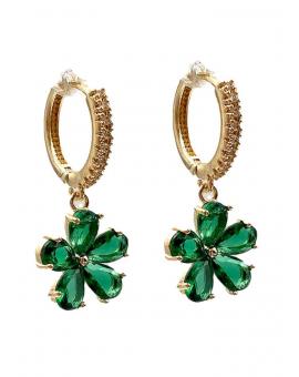 PENDIENTES VERDES DE MUJER CON ARO CON CIRCONITAS Y FLOR ELEGANTE