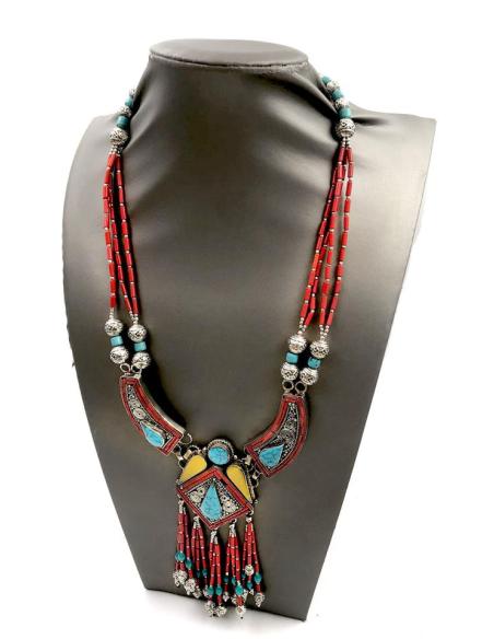 COLLARES PLATA CON PEDRERIA SEMIPRECIOSA CORAL AMBAR Y TURQUESA JOYAS NEPAL