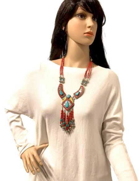 COLLARES PLATA CON PEDRERIA SEMIPRECIOSA CORAL AMBAR Y TURQUESA JOYAS NEPAL