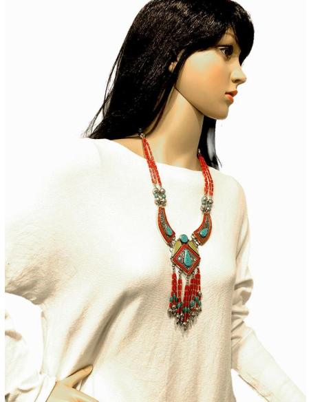 COLLARES PLATA CON PEDRERIA SEMIPRECIOSA CORAL AMBAR Y TURQUESA JOYAS NEPAL
