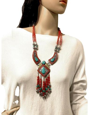 COLLARES PLATA CON PEDRERIA SEMIPRECIOSA CORAL AMBAR Y TURQUESA JOYAS NEPAL