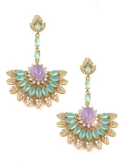 PENDIENTES PLATA LARGOS PRECIOSO ABANICO VERDE AGUA Y AMATISTA