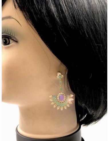 PENDIENTES PLATA LARGOS PRECIOSO ABANICO VERDE AGUA Y AMATISTA