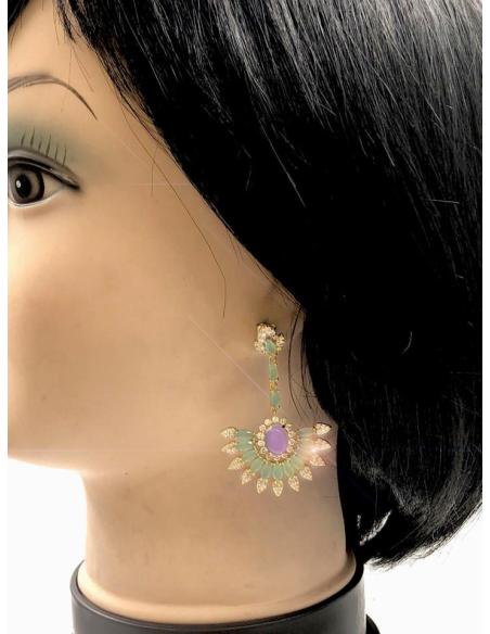 PENDIENTES PLATA LARGOS PRECIOSO ABANICO VERDE AGUA Y AMATISTA