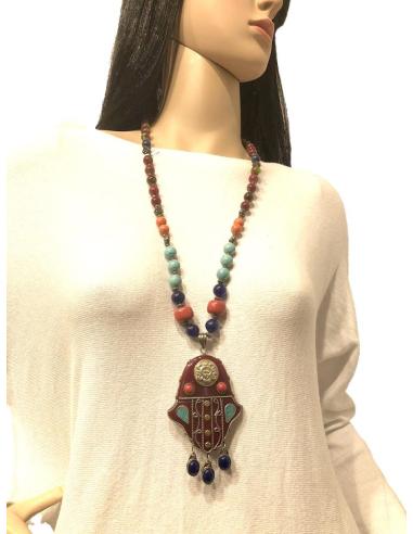 COLLARES LARGOS AFGANOS PIEDRA Y MANO DE FATIMA ARTESANAL
