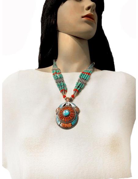COLLARES DE PLATA CON TURQUESAS Y CORAL JOYAS NEPALI ONLINE