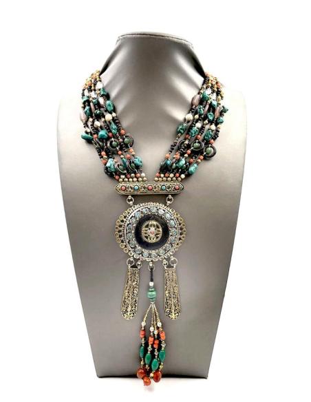 JOYERIA TIBETANA EXCLUSIVA MEDALLON DE PLATA Y PIEDRA COLLAR ANTIGUO