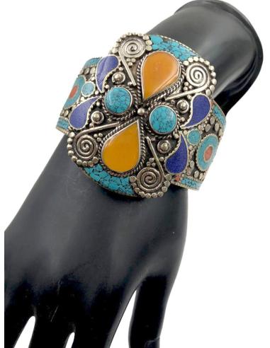 JOYERIA TIBETANA Y NEPALI BRAZALETE PLATA Y PIEDRA ESTILO ARTESANAL