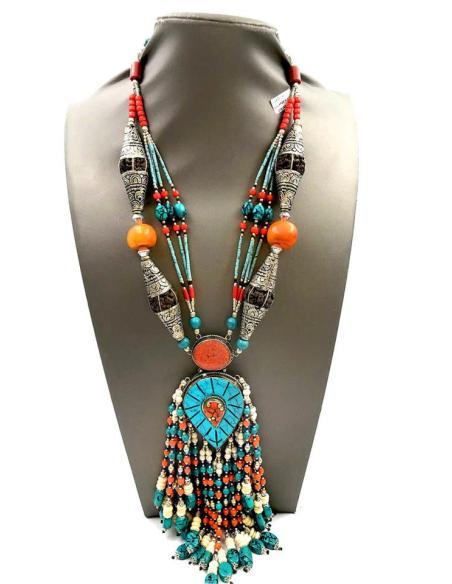 COLLARES HOMBRE PLATA Y TURQUESA JOYAS NEPAL TIBET MODA BOHO