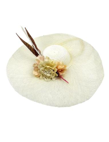 TOCADOS BODA BEIGE ROTO ELEANTE DISEÑO CON FLORES Y PLUMAS