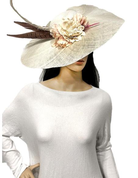 TOCADOS BODA BEIGE ROTO ELEANTE DISEÑO CON FLORES Y PLUMAS
