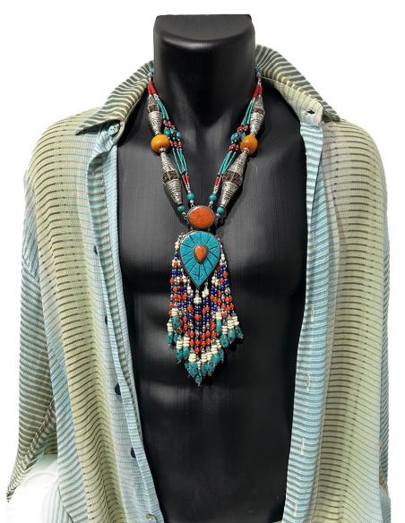 COLLARES HOMBRE PLATA Y TURQUESA JOYAS NEPAL TIBET MODA BOHO