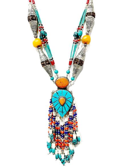 COLLARES HOMBRE PLATA Y TURQUESA JOYAS NEPAL TIBET MODA BOHO
