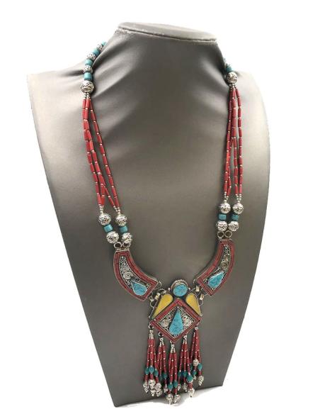 COLLARES HOMBRE ETNICOS IBIZA PLATA CON PEDRERIA SEMIPRECIOSA CORAL AMBAR Y TURQUESA JOYAS NEPAL